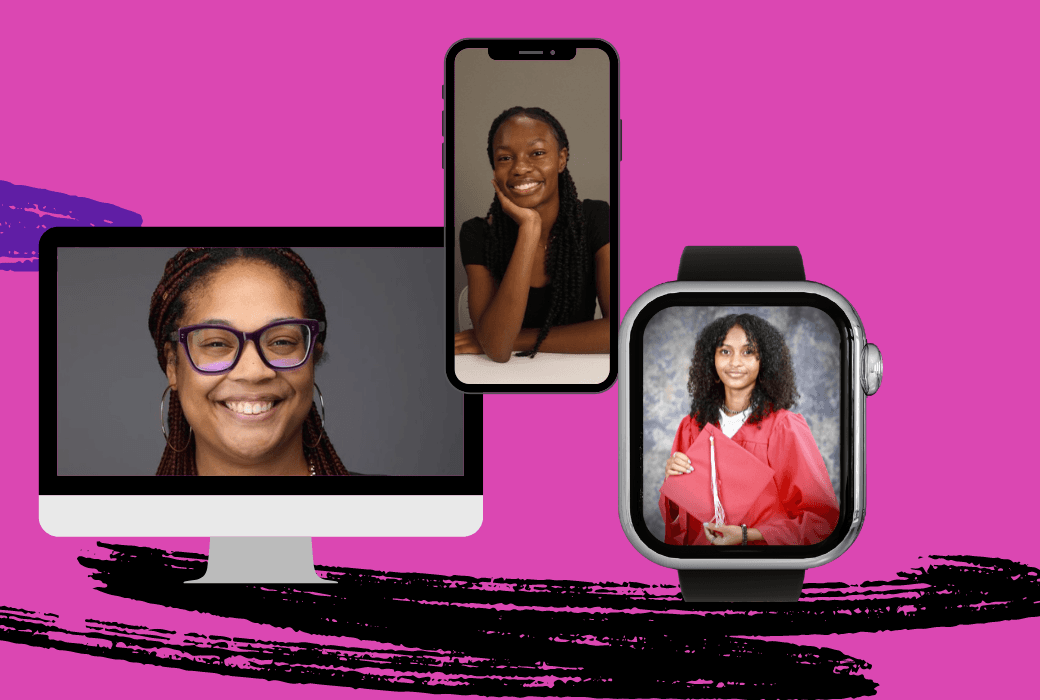 Three TCGi Foundation scholars pictured on a desktop monitor, a phone, and a smartwatch
